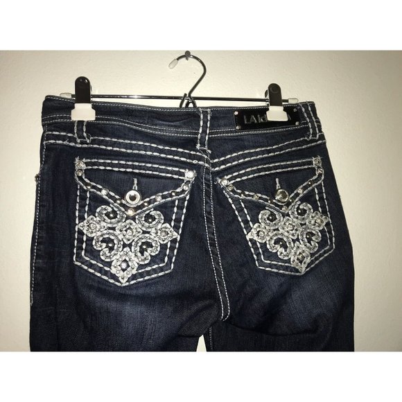L A Idol Jeans Women Size 9 31x28 Distressed Rhinestone Embroidered Pocket - Picture 5 of 9